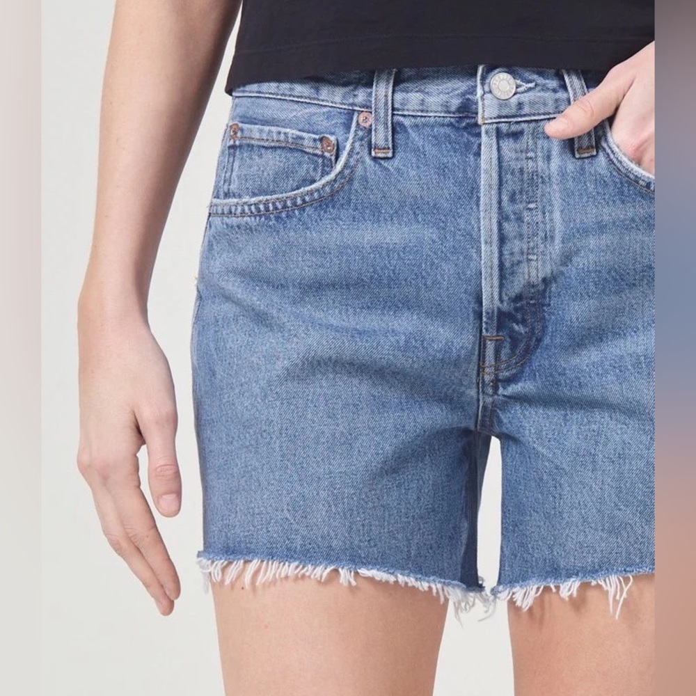 Agolde Parker Long Shorts in Skywave Medium Blue Wash Distressed Denim Shorts - Picture 6 of 12